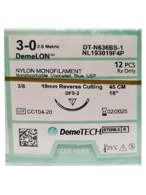 DemeLON Nylon Suture 3/0 19mm 3/8 R/C 45cm