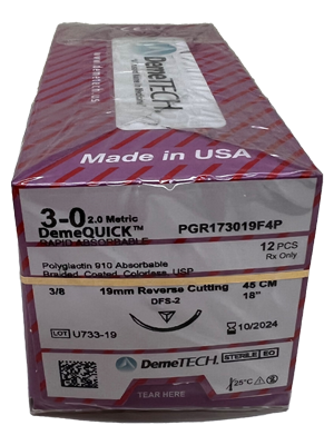DEMEQUICK PGR SUTURE 3/0 19MM 3/8 RC 45CM 12S
